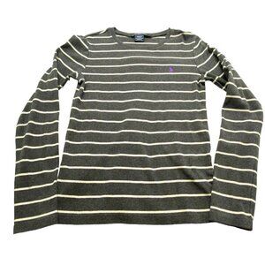RALPH LAUREN Women Tee Size L Gray Long Sleeve Sport Striped Purple Horse 79-13
